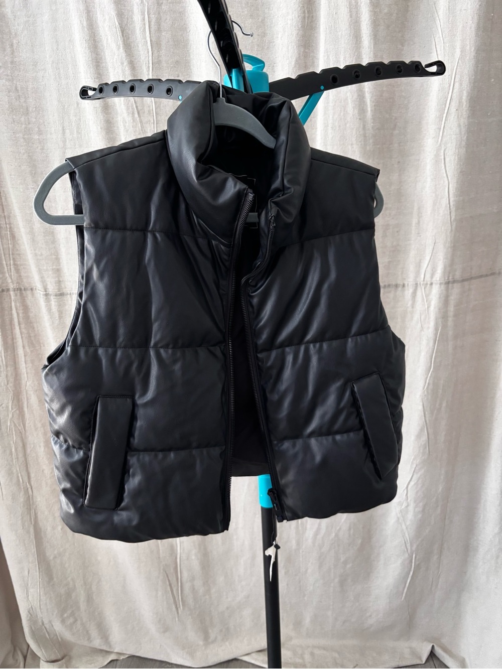 Zara Black Quilted Faux-Leather Puffer Vest